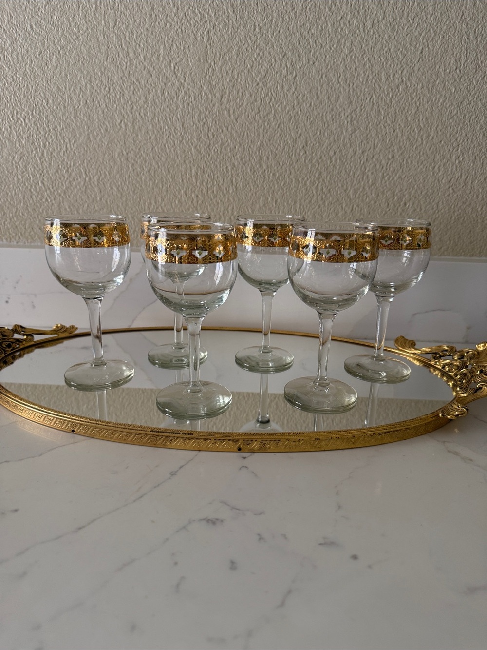 Mid Century Culver Valencia 22 ct Gold Filigree Band Wine Glasses set of 6